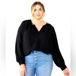 Nine West Tunic Top Blouse Women’s L Black Button Front Long Balloon Sleeves